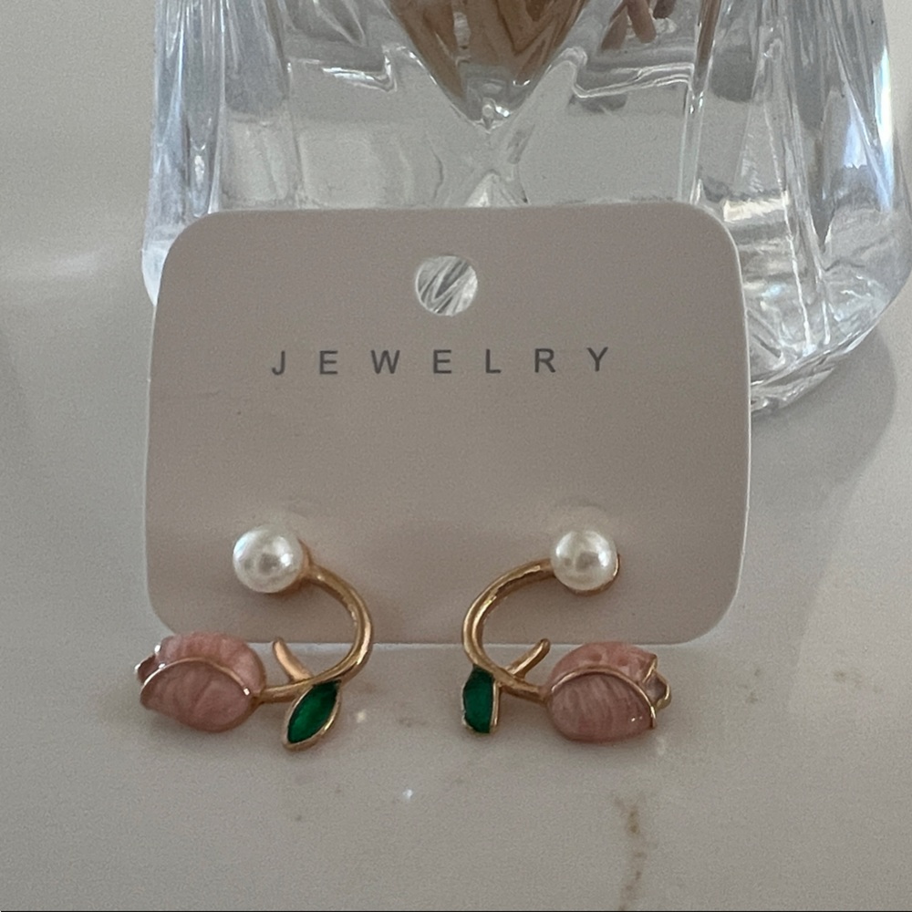 Elegant Gold and Pink Floral Earrings NIP